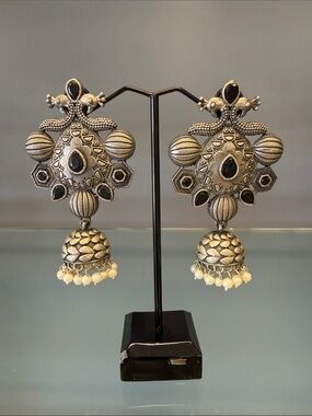 Oxidized Silver-Tone Jhumka Earrings with Black Accents